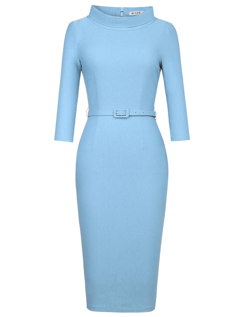 MUXXN Women's 1950s Vintage 3/4 Sleeve Elegant Collar Cocktail Evening Dress (Small, Airy Blue) - Image 3